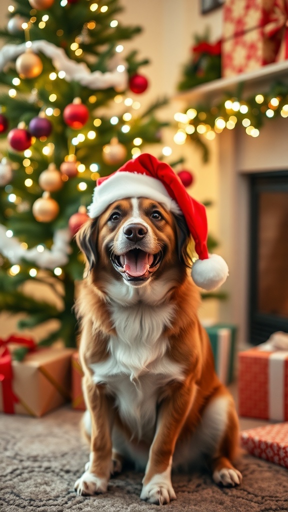 Festive Dog Christmas Images A cheerful dog in a Santa hat next to a Christmas tree with presents.